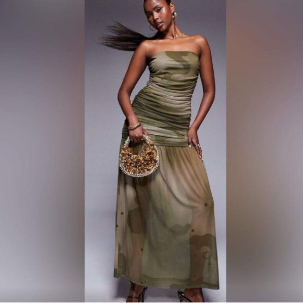 ASOS maxi bandeau dress with ruched bodice and sheer bottom olive print